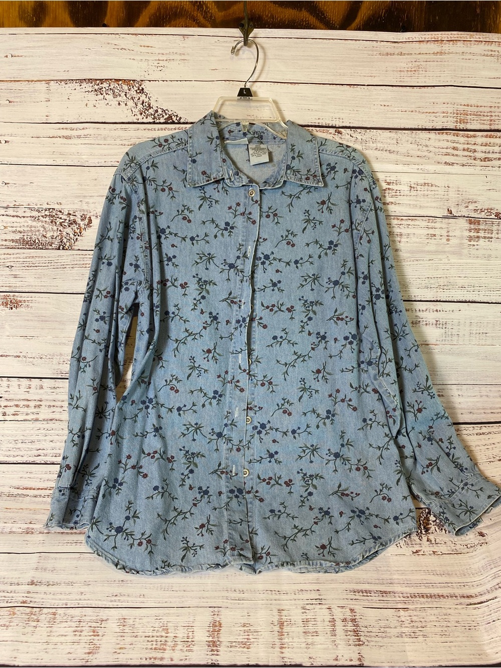 90’s Vintage Capacity Light Blue Floral Button-Front Womens Shirt Blouse